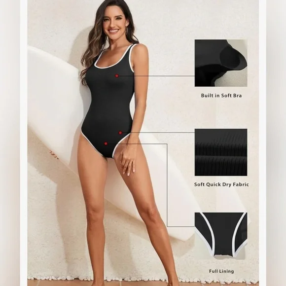 NEW- Elegant Black Ribbed 
white trim Swimsuit
2025 Season
Large - Picture 4 of 6